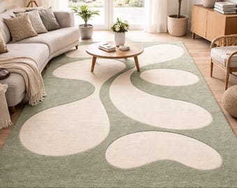Hand Tufted Wool Rug | Sage Green & Cream Abstract Area Rug | Modern Organic Living Room Or Luxury Dinning Room Decors Designer Carpet