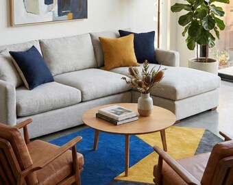 Hand Tufted Wool Rug | Modern Geometric Color Block Carpet | Blue Yellow Gray Area Rug | Contemporary Living Room Decor | Soft Wool Flooring