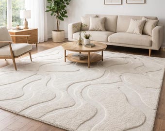 Hand Tufted Wool Rug | Ivory Textured Area Rug | Modern Minimal Wave Design Living Room Carpet