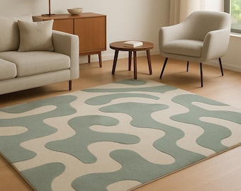 Hand Tufted Wool Rug | Sage Green Cream Abstract Wave Carpet | Modern Minimalist Area Rug | Soft Sculpted Living Room Decor