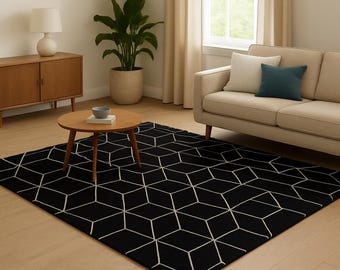 Alfombra de lana tejida a mano: patrón geométrico 3D en blanco y negro