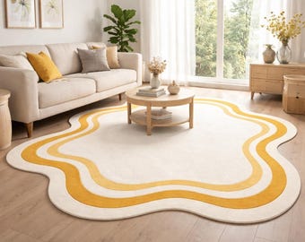 Tappeto in lana annodato a mano / Tappeto astratto color crema e senape / Tappeto di design moderno per soggiorno organico