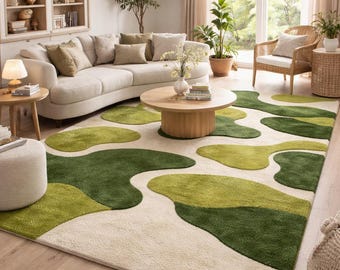 Hand Tufted Wool Rug | Green Abstract Area Rug | Modern Organic Pattern Carpet | Luxury Living Room Designer Rug