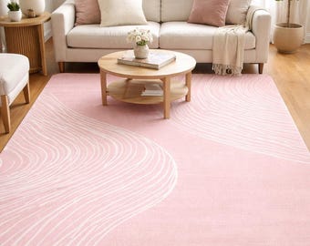 Alfombra de lana tejida a mano / Alfombra con ondas abstractas en rosa ruborizado / Alfombra minimalista moderna / Alfombra para sala de estar en tonos pastel suaves