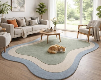 Hand Tufted Wool Rug | Organic Abstract Area Rug in Green Blue & Cream | Modern Living Room Designer Carpet