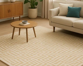 Hand-Tufted Wool Area Rug: Modern Cream & Caramel Geometric Design