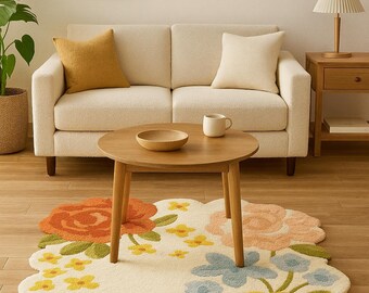 6x9 Hand Tufted Floral Shaped Rug – Colorful Flower Area Rug for Living Room | Cute Boho Carpet | Handmade Aesthetic Home Decor Gift