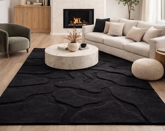 Hand Tufted Wool Rug | Black Textured Area Rug | Modern Abstract Floor Rug | Luxury Living Room Designer Carpet