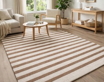 Hand Tufted Wool Striped Rug | Beige & White Modern Area Rug | Minimal Scandinavian Living Room Carpet | Modern Living Rooms Or Dining Rooms