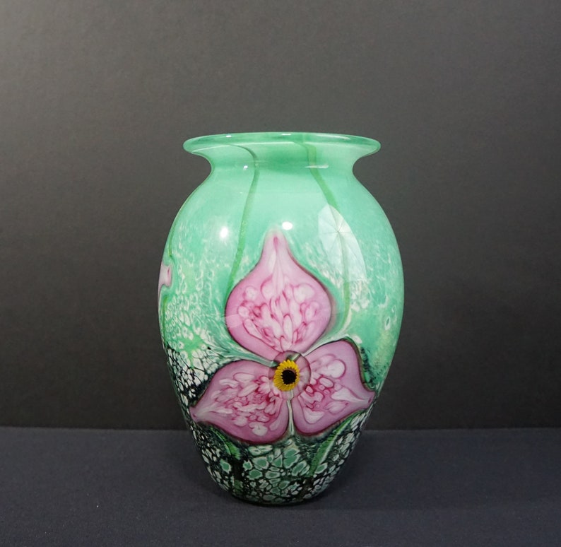 Robert Eickholt Blown Glass Orchid Vase Green And Pink Mint Etsy