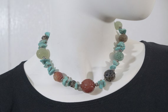 Vintage Semi-Precious Stones Turquoise, Carved Ja… - image 2