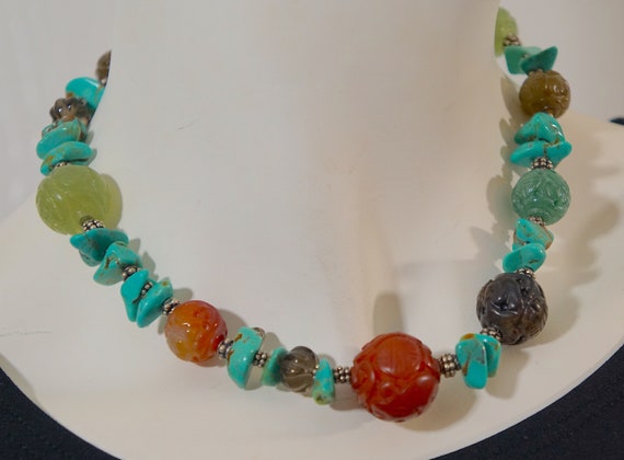 Vintage Semi-Precious Stones Turquoise, Carved Ja… - image 9