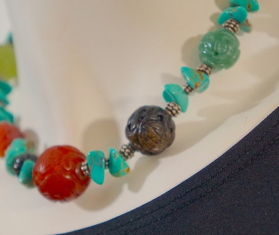Vintage Semi-Precious Stones Turquoise, Carved Ja… - image 5