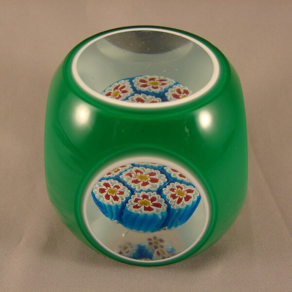Hand Blown Glass Paperweight Green Overlay with Millifiori Center Five Windows