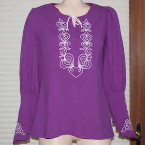 60&#39;s Purple Embroidered Tunic Top Long Mutton Sleeves Hippie Haight Ashbury Cosplay Renn Faire