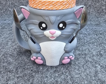 3D Printed Cat Ice Cream Pint Holder – Cuddles, Spoon Slots, Snack Drawer