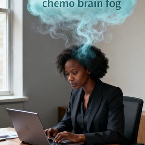 Op de afbeelding: Een persoon in een zwarte blazer werkt op een laptop aan een bureau. Boven hun hoofd zweeft een blauwe wolk met de woorden "chemo brain fog". De scène speelt zich af in een kantoor met een raam.