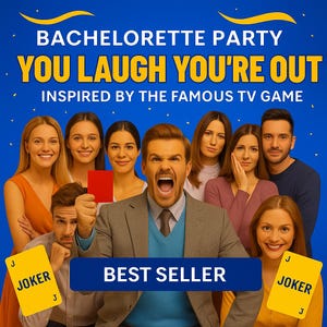Peut inclure: Un groupe de personnes, dont un homme avec la bouche ouverte tenant une carte rouge et une femme tenant une carte jaune avec le mot "JOKER". Le texte "BACHELORETTE PARTY YOU LAUGH YOU'RE OUT" est en haut.