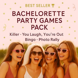 Puede incluir: Imagen de cuatro mujeres sonriendo con gafas de sol, una con velo de novia. El texto dice "Best Seller Bachelorette Party Games Pack" con los títulos de los juegos: Killer, You Laugh, You're Out, Bingo y Photo Rally.