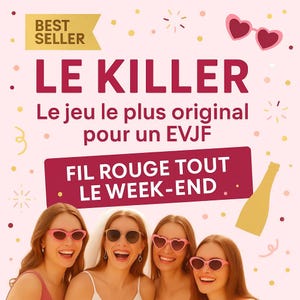 Peut inclure: Image promotionnelle avec le texte "LE KILLER" et "FIL ROUGE TOUT LE WEEK-END". L'image présente quatre personnes souriantes portant des lunettes de soleil, avec une palette de couleurs rose et or. Une bannière "BEST SELLER" est en haut à gauche.
