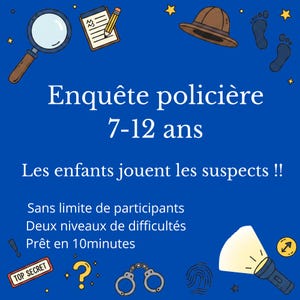 Peut inclure: Une affiche bleue avec des illustrations sur le thème des détectives, dont une loupe, un bloc-notes, un chapeau et des empreintes de pas. Le texte indique "Enquête policière 7-12 ans" et "Les enfants jouent les suspects !!".