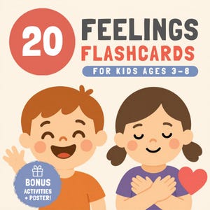 Puede incluir: Una colorida portada de producto educativo con el texto "20 Tarjetas de emociones para niños de 3 a 8 años". La portada presenta ilustraciones de dibujos animados de un niño y una niña sonrientes. Se incluyen actividades y un póster de bonificación.