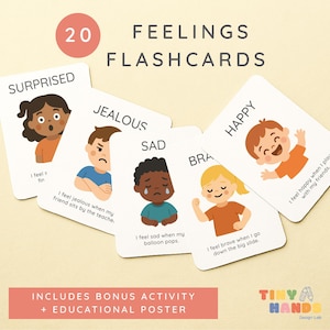 Puede incluir: Un conjunto de 20 tarjetas didácticas de sentimientos con ilustraciones de niños que expresan emociones como sorprendido, celoso, triste, valiente y feliz. Incluye actividad extra y póster educativo. Las tarjetas tienen texto como "Me siento feliz cuando juego con mis amigos."