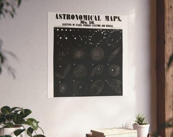Vintage Astronomical Map Print, Star Clusters Nebulae Poster (1847)