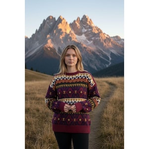 May include: A burgundy sweater with a geometric pattern in white, yellow, green, and red. The sweater has a crew neck and long sleeves. The background features a mountain range and a path.