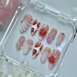 Coral Beach Floral Nails| Orange Flower Natural Chic Classy Handmade High Quality Press On Nails