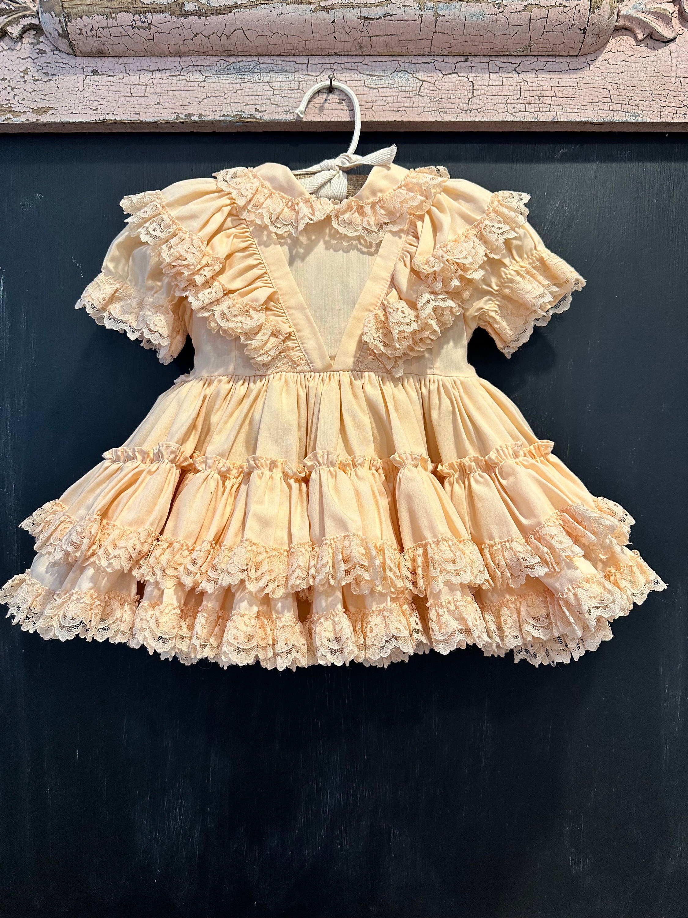 Vintage Full Circle Peach Dress With Ruffles and Lace by