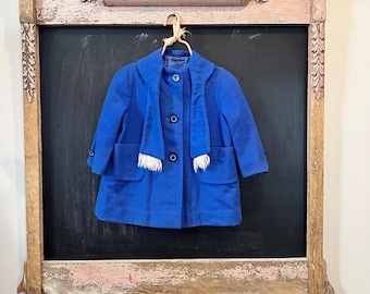 Vintage 1960s Girl's Blue Wool Coat with Scarf - Size 4