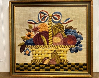 Vintage Framed Americana Crewel Art / Vintage Needlework Fruit Basket