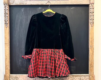 Vintage Black Velvet Girl's Holiday Dress with Red Plaid - Size 6X