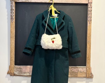 Cappotto da ragazza vintage Hunter Green taglia 8-10 / Cappotto vintage in lana verde e nera con manicotto in pelliccia di coniglio