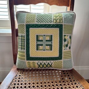 Vintage Needlepoint Pillow Green and Yellow