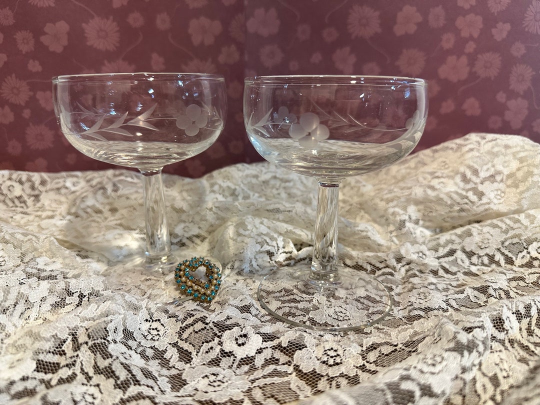 Vintage Etched Champagne Glasses, Set of 2, Champagne Coupes, Wedding Toasting Glasses, Floral