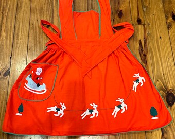 Vintage Christmas Apron / Vintage Holiday Red and Green  Apron with Santa and Reindeer
