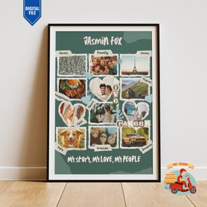 May include: A framed collage with a green backdrop, displaying photos and text. The text includes "Jasmin Fox," "Goals," "Family," "Home," "Happiness," "Selfi," "Sport," "Love," "Travel," "Career," "Pets," "Friends," "Dreams," and "My story, My love, My people."