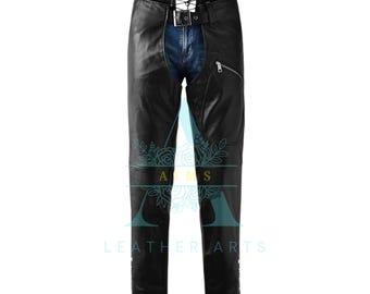 Distressed Leather Biker Chaps: Thermal Lined Motorcycle Riding Chaps