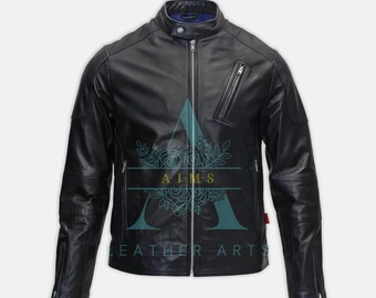 Handmade Cowhide Leather Bomber Jacket: Men's Fashion Biker Coat