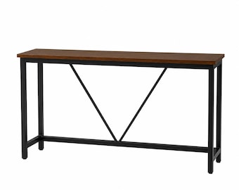 Narrow console table, rustic brown wood, ink black frame, entryway table