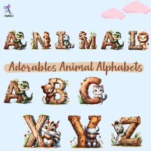 Könnte beinhalten: Illustriertes Tieralphabet, jeder Buchstabe aus Holz und mit einem anderen Tier. Die Buchstaben bilden das Wort "ANIMAL" und "Adorable Animal Alphabets". Zu den Tieren gehören ein Krokodil, ein Bär, eine Katze und ein Zebra.