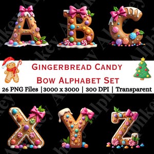Pode incluir: Um conjunto de letras do alfabeto de pão de gengibre A, B, C, X, Y e Z, decoradas com doces coloridos, glacê e laços cor-de-rosa. A imagem também inclui um boneco de gengibre e uma árvore de Natal. O texto diz "GINGERBREAD CANDY BOW ALPHABET SET".