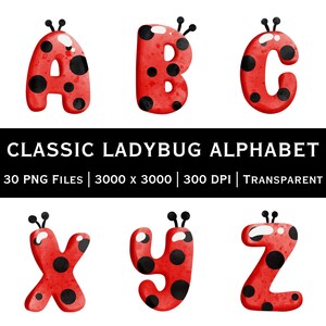 Könnte beinhalten: Aquarell-Illustration der Buchstaben A, B, C, X, Y und Z, die Marienkäfern nachempfunden sind. Jeder Buchstabe ist rot mit schwarzen Punkten und Fühlern. Der Text "CLASSIC LADYBUG ALPHABET" ist enthalten.