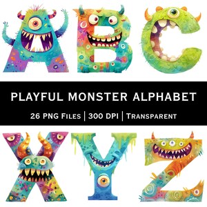 Könnte beinhalten: Eine farbenfrohe digitale Illustration des Alphabets, wobei jeder Buchstabe als verspieltes Monster gestaltet ist. Die Buchstaben A, B, C, X, Y und Z sind sichtbar, mit leuchtenden Farben und einzigartigen Monster-Merkmalen. Der Text lautet "PLAYFUL MONSTER ALPHABET".