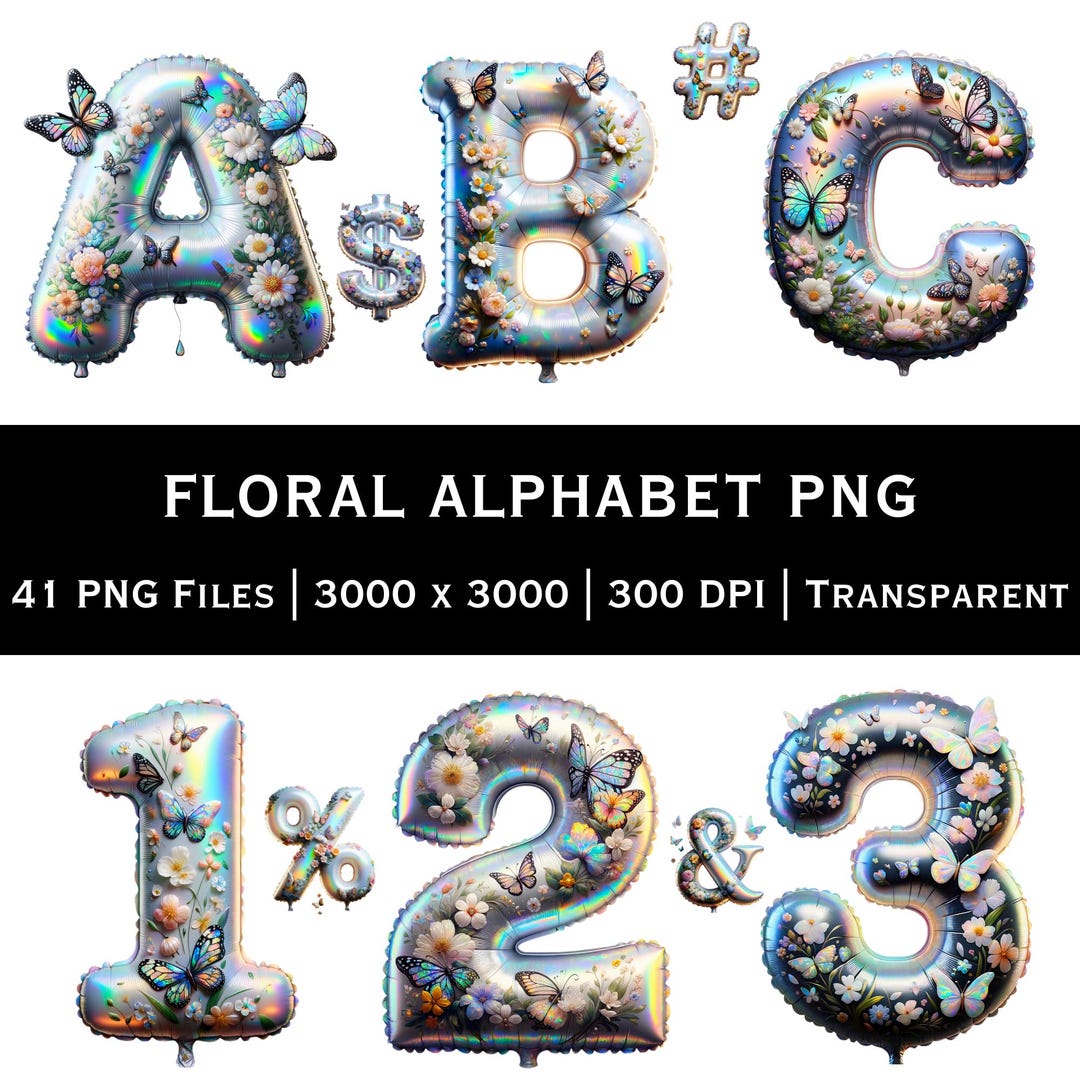 Floral Alphabet PNG A-Z Numbers and Symbols | Botanical Flower Letters ...