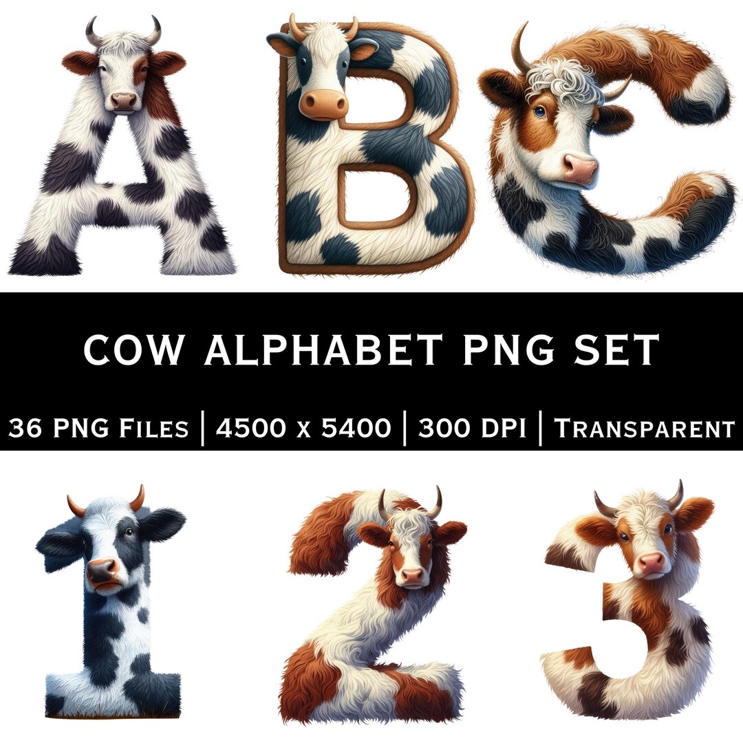 Cow Alphabet PNG A-Z and 0-9 | Farm Animal Alphabet Letters | Nursery ...