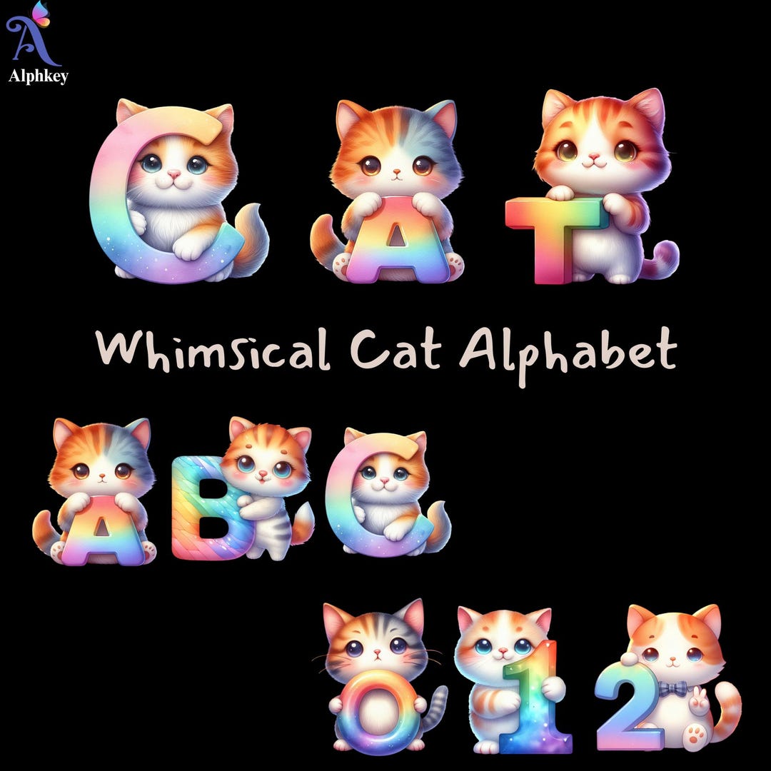 Whimsical Cat Alphabet - Numbers PNG Bundle | Creative A to Z + 0 to 9 ...