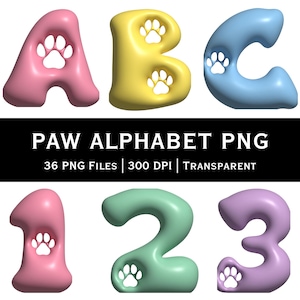 Könnte beinhalten: Eine Sammlung farbenfroher, dreidimensionaler Buchstaben und Zahlen, jeweils mit einem Pfotenabdruck-Design. Die Buchstaben A, B und C sind rosa, gelb und blau. Die Zahlen 1, 2 und 3 sind rosa, grün und lila. Der Text "PAW ALPHABET PNG" ist enthalten.